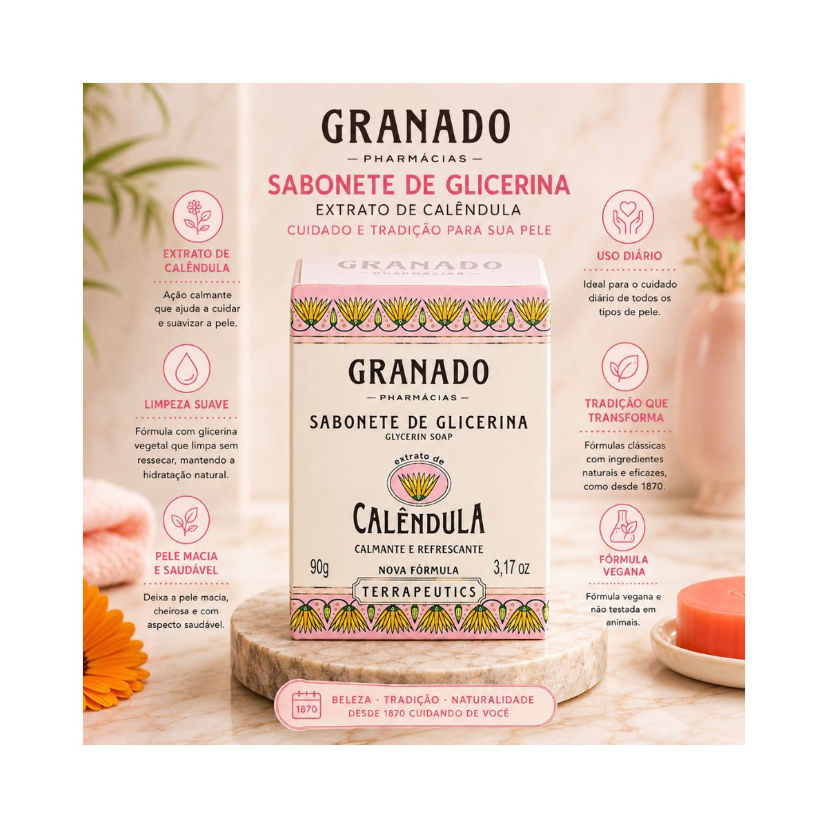 SABONETE EM BARRA TERRAPEUTICS GLICERINA CALÊNDULA GRANADO 90GR