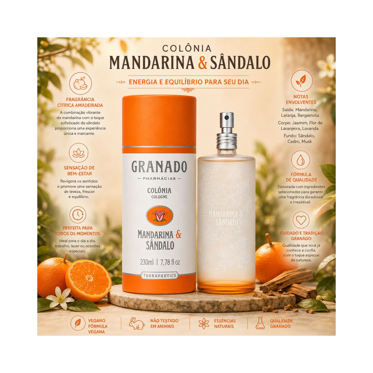 COLÔNIA TERRAPEUTICS MANDARINA & SÂNDALO GRANADO 230ML