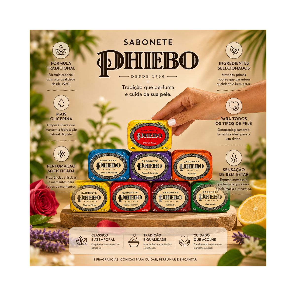 KIT SABONETE EM BARRA VINHO PHEBO COM 8 UNIDADDES DE 90G