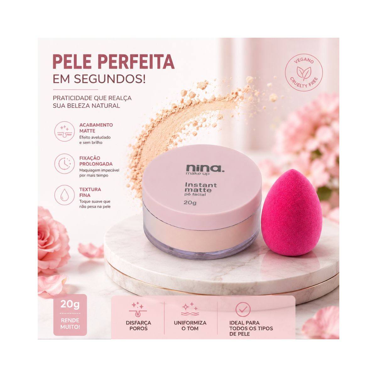 KIT NINA MAKEUP PÓ FACIAL SOLTO INSTANT MATTE COR 1 + ESPONJA MAQUIAGEM