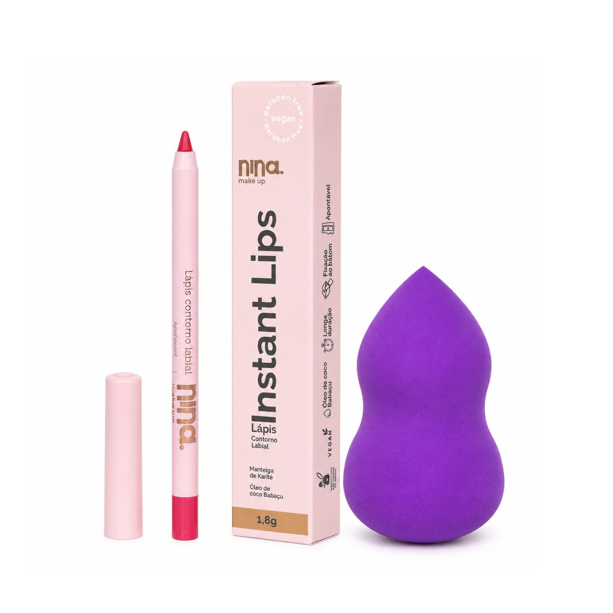 KIT NINA MAKEUP LÁPIS CONTORNO LABIAL INSTANT LIPS INFINITO + ESPONJA MAQUIAGEM