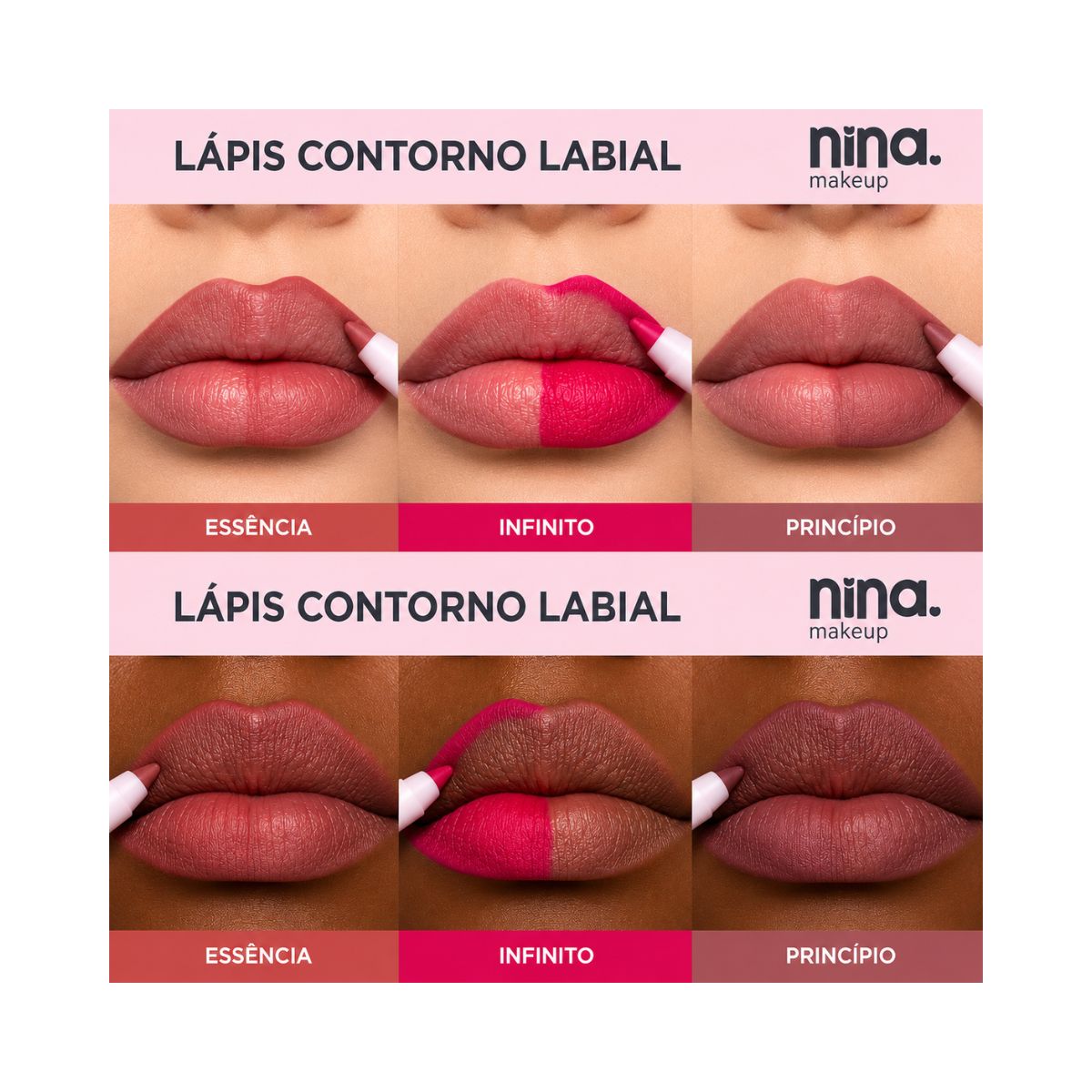 KIT NINA MAKEUP LÁPIS CONTORNO LABIAL INSTANT LIPS INFINITO + ESPONJA MAQUIAGEM