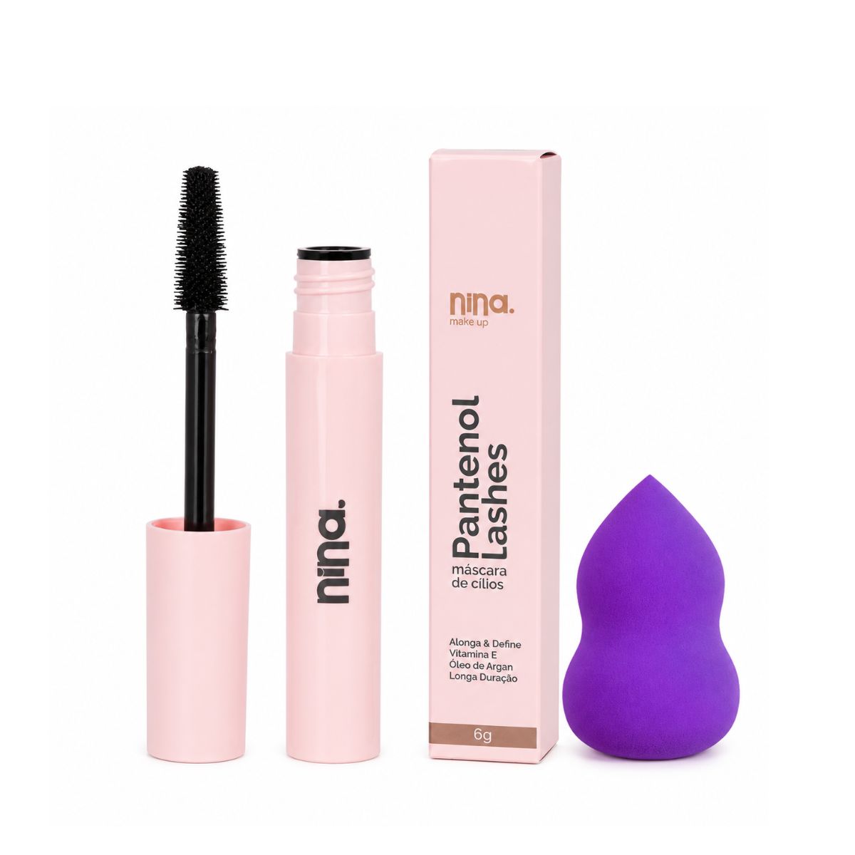KIT NINA MAKEUP MÁSCARA DE CÍLIOS PANTENOL LASHES ALONGA E DEFINE + ESPONJA MAQU