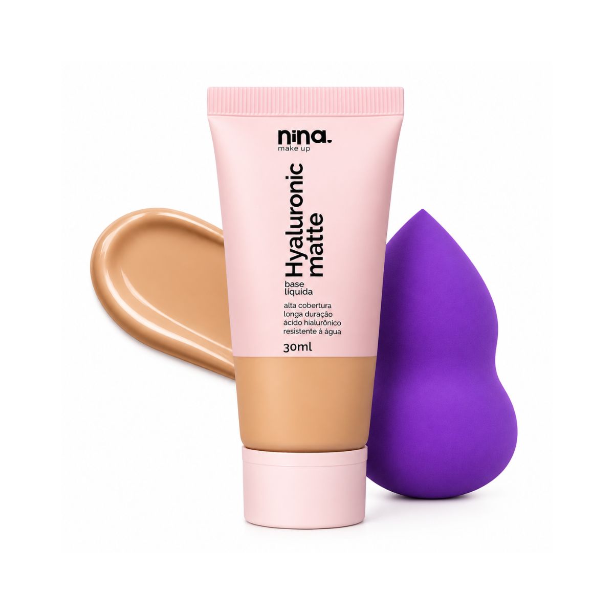 KIT NINA MAKEUP BASE LÍQUIDA HYALURONIC MATTE COR 2 + ESPONJA MAQUIAGEM
