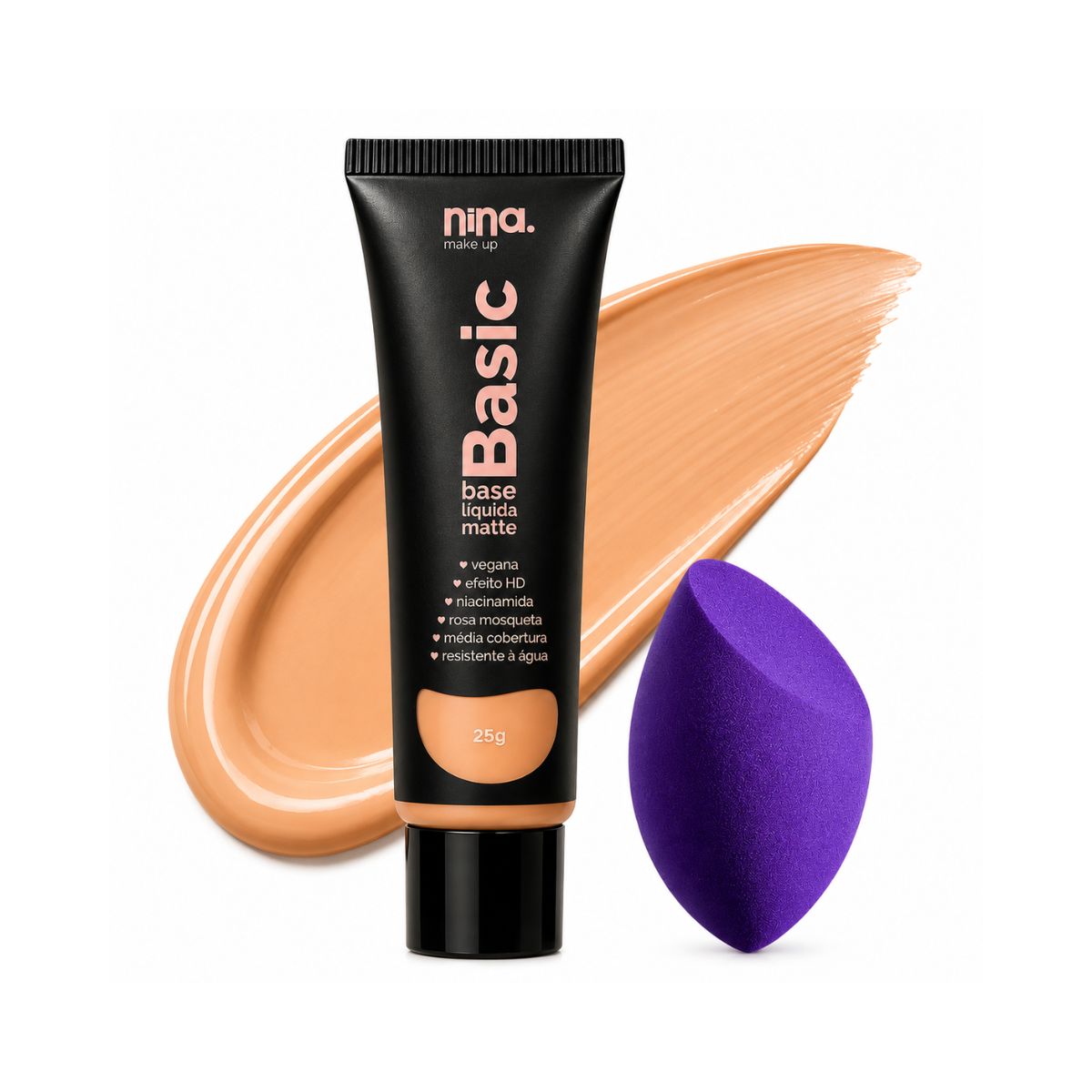 KIT NINA MAKEUP BASE LÍQUIDA MATTE BASIC COR 6 + ESPONJA MAQUIAGEM