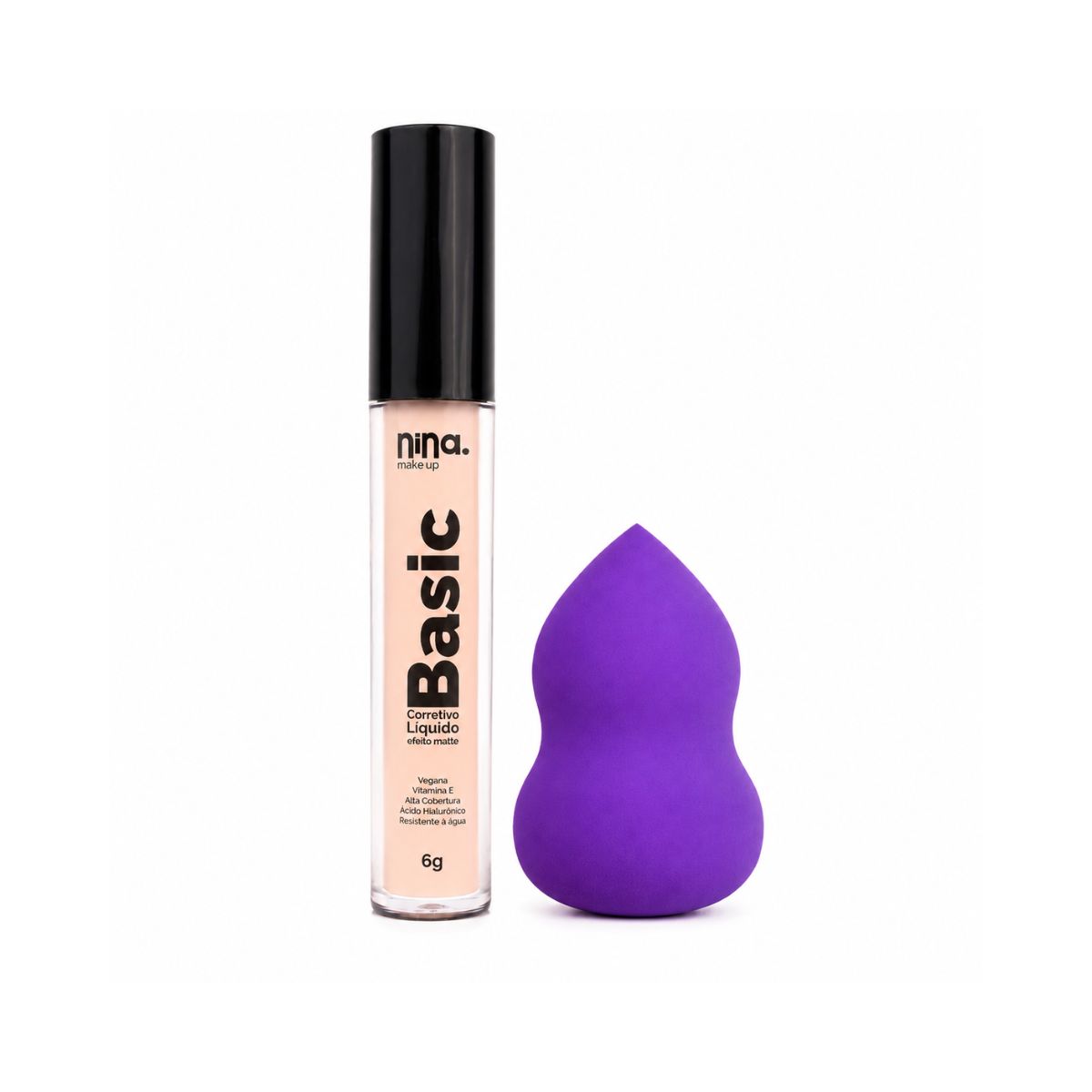 KIT NINA MAKEUP CORRETIVO LÍQUIDO BASIC COR 1 + ESPONJA MAQUIAGEM