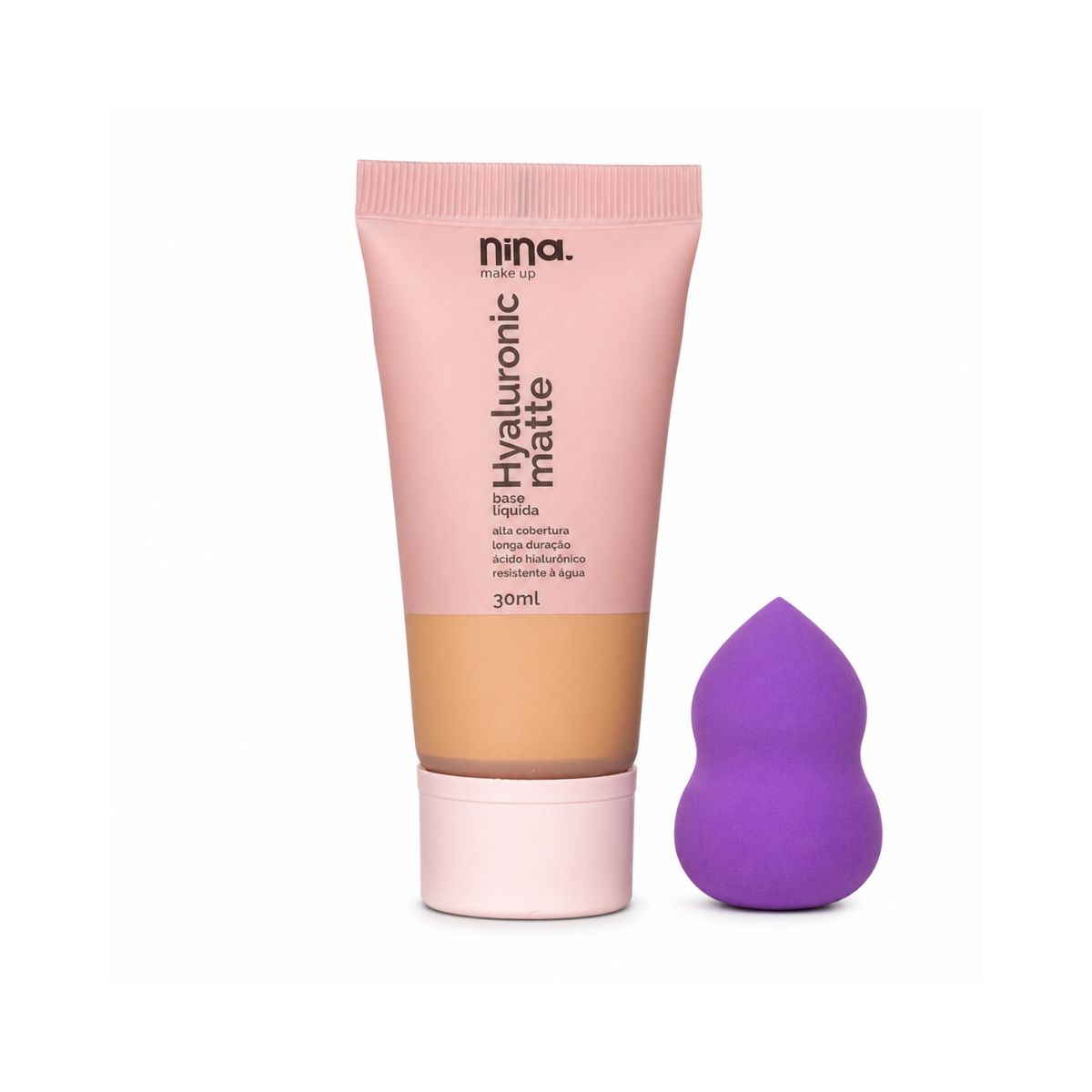 KIT NINA MAKEUP BASE LÍQUIDA HYALURONIC MATTE COR 4 + ESPONJA MAQUIAGEM