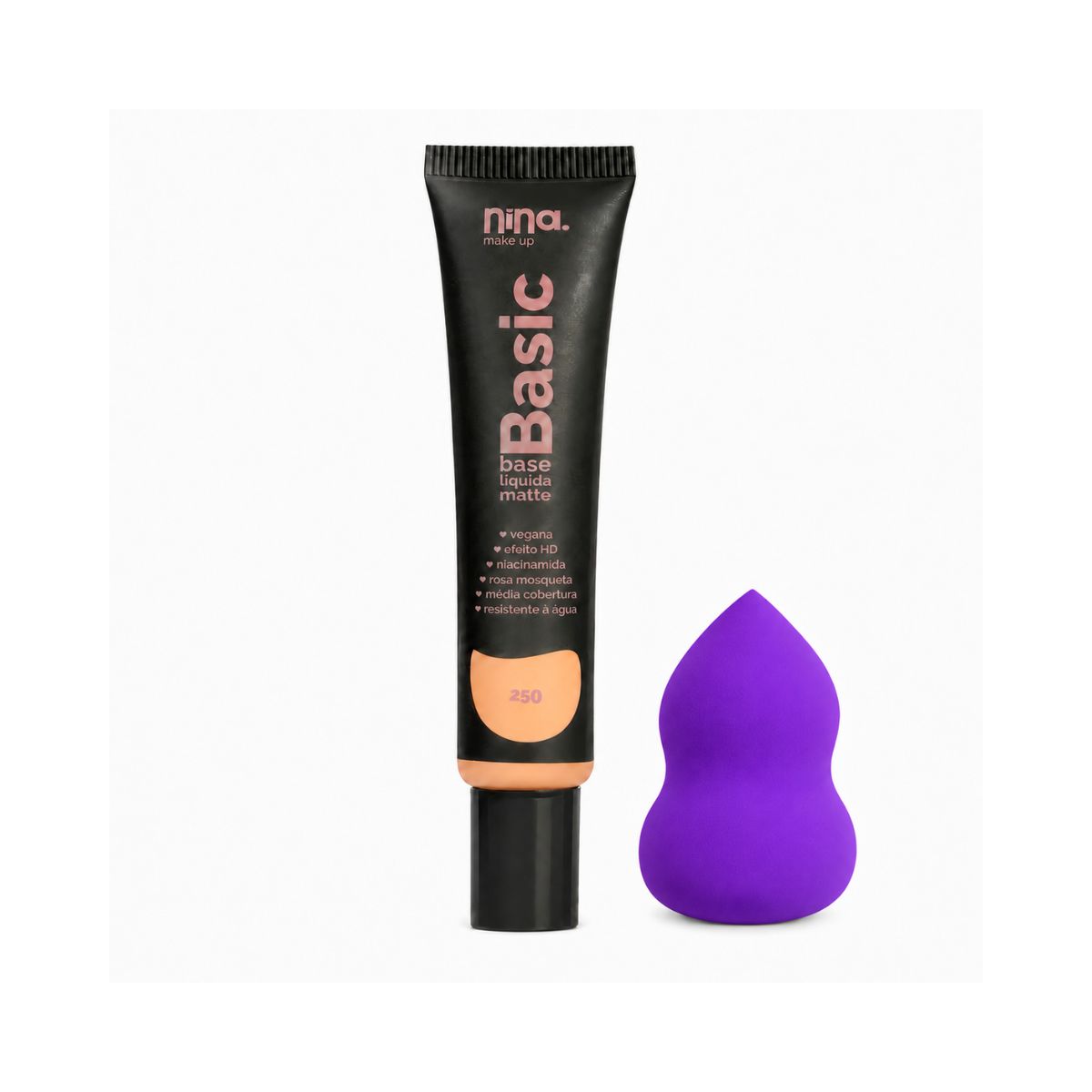 KIT NINA MAKEUP BASE LÍQUIDA MATTE BASIC COR 3 + ESPONJA MAQUIAGEM