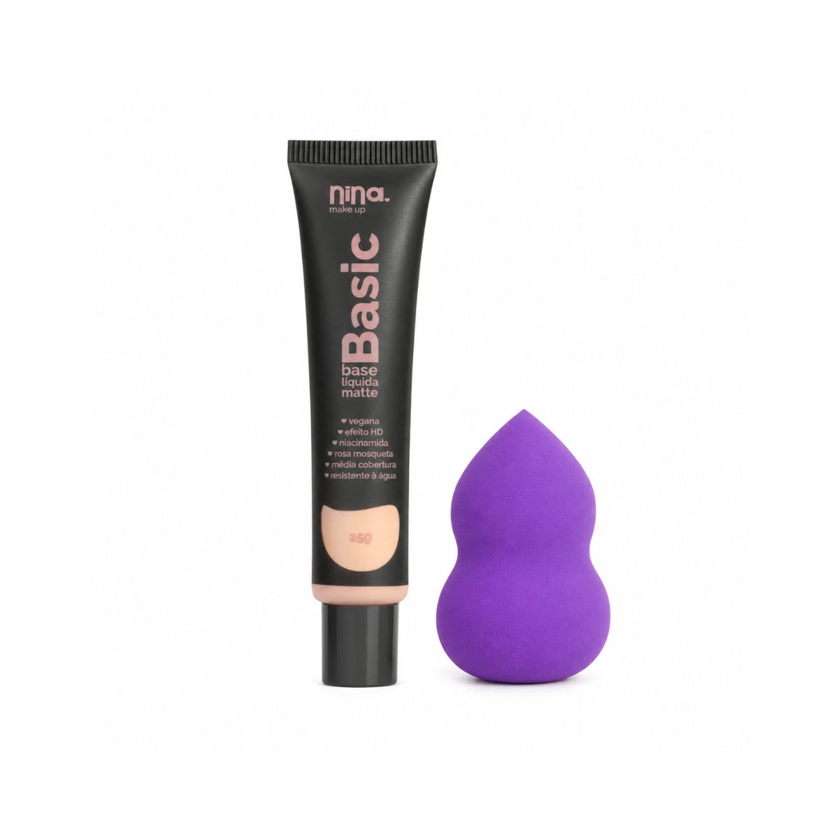 KIT NINA MAKEUP BASE LÍQUIDA MATTE BASIC COR 1 + ESPONJA MAQUIAGEM
