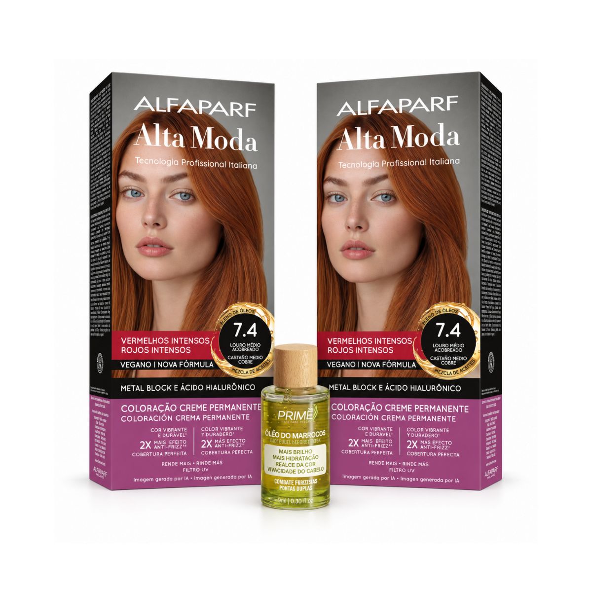 KIT ALTA MODA 2 COLORAÇÕES 7.4 LOURO MÉDIO ACOBREADO + ÓLEO DE ARGAN MARROCOS