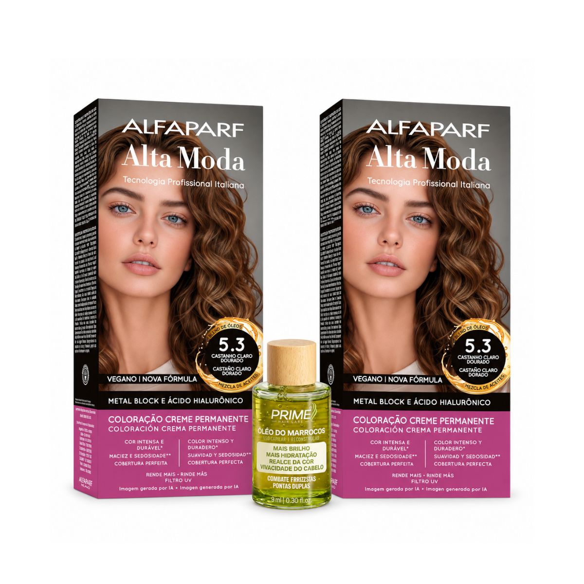 KIT ALTA MODA 2 COLORAÇÕES 5.3 CASTANHO CLARO DOURADO CARAMELO + ÓLEO DE ARGAN M