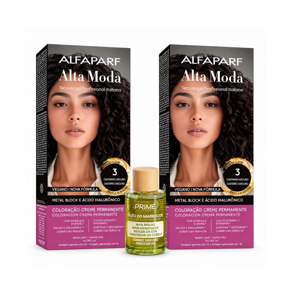 KIT ALTA MODA 2 COLORAÇÕES  3.0 CASTANHO ESCURO + ÓLEO DE ARGAN MARROCOS