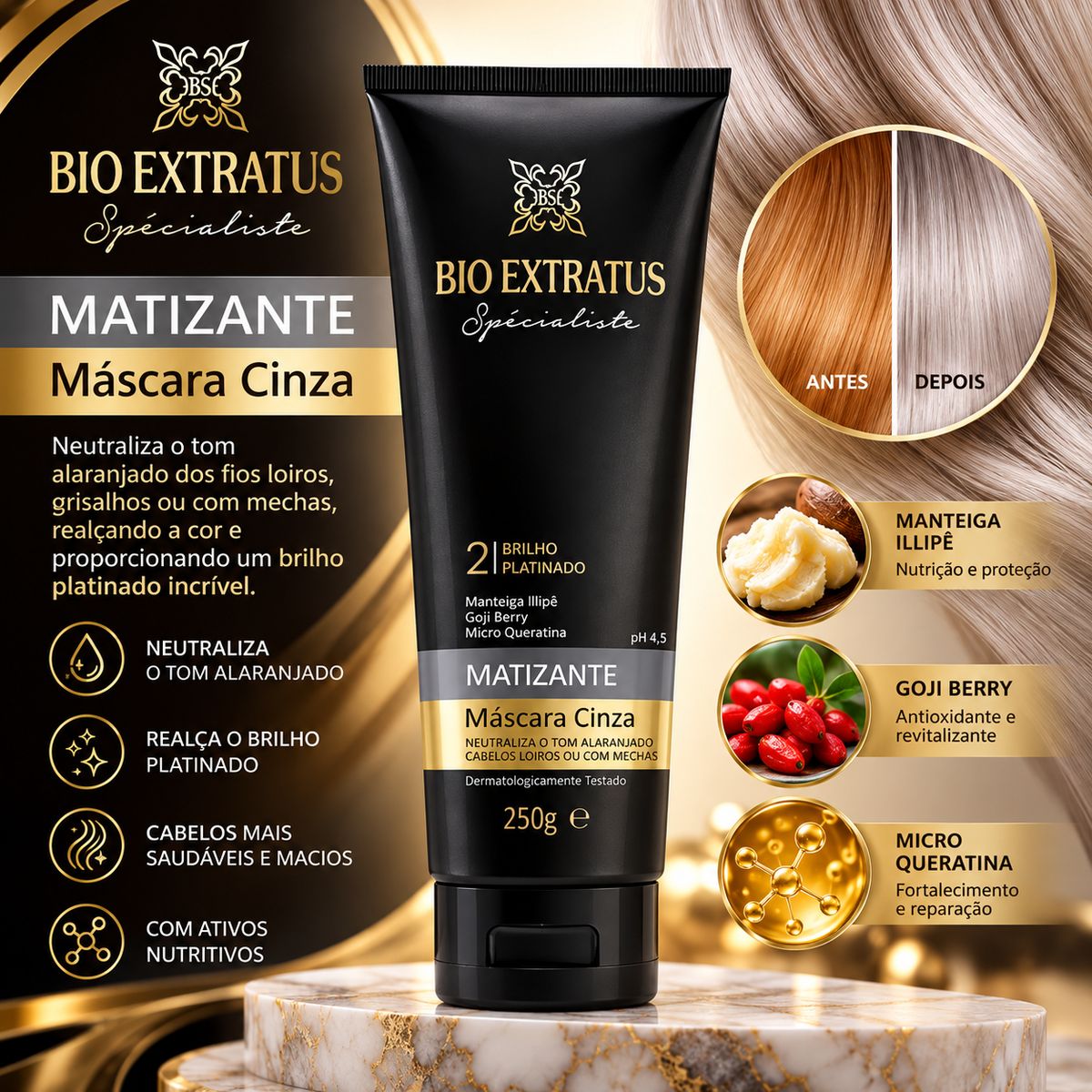 KIT BIO EXTRATUS MÁSCARA SPÉCIALISTE CINZA MATIZANTE 250G + ACESSÓRIO SORTIDO
