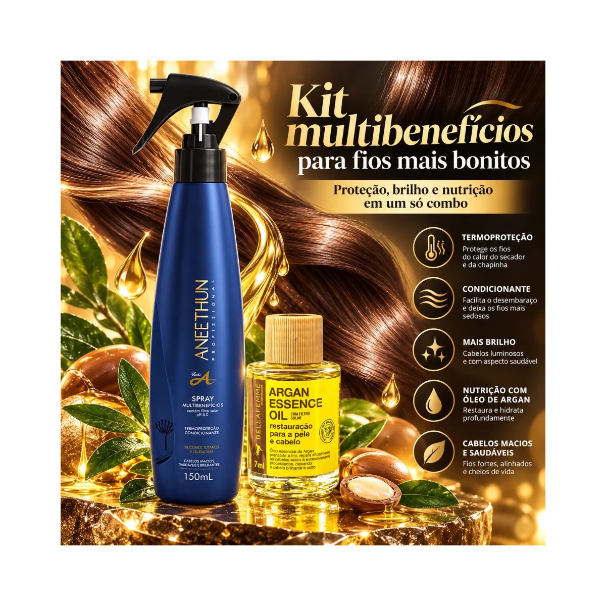 KIT ANEETHUN SPRAY MULTIBENEFÍCIOS LINHA A 150ML + ÓLEO DE ARGAN BELLA FEMME 7ML