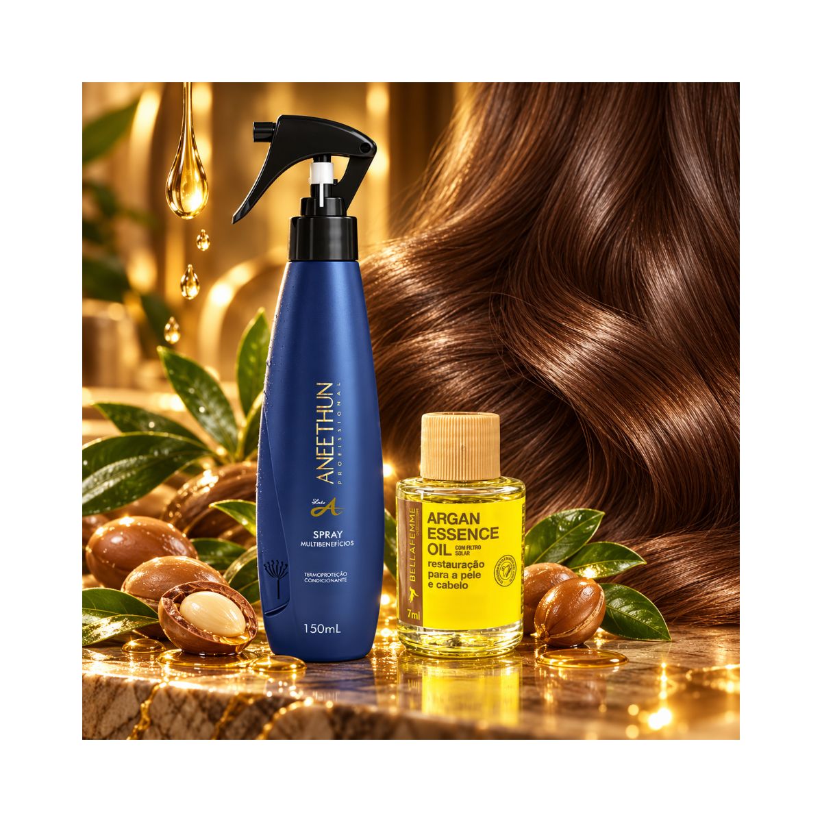KIT ANEETHUN SPRAY MULTIBENEFÍCIOS LINHA A 150ML + ÓLEO DE ARGAN BELLA FEMME 7ML