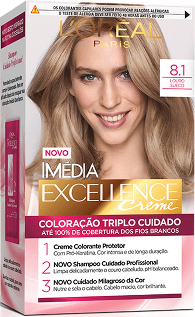 COLORAÇÃO CREME IMÉDIA EXCELLENCE 8.1 LOURO SUECO LOREAL PARIS