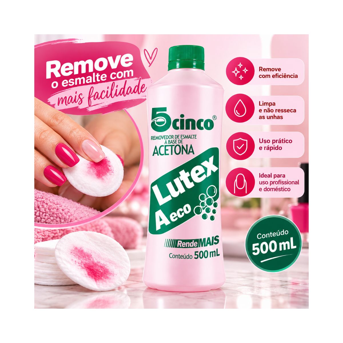 REMOVEDOR DE ESMALTE ACETONA LUTEX AP ECO CINCO 500ML