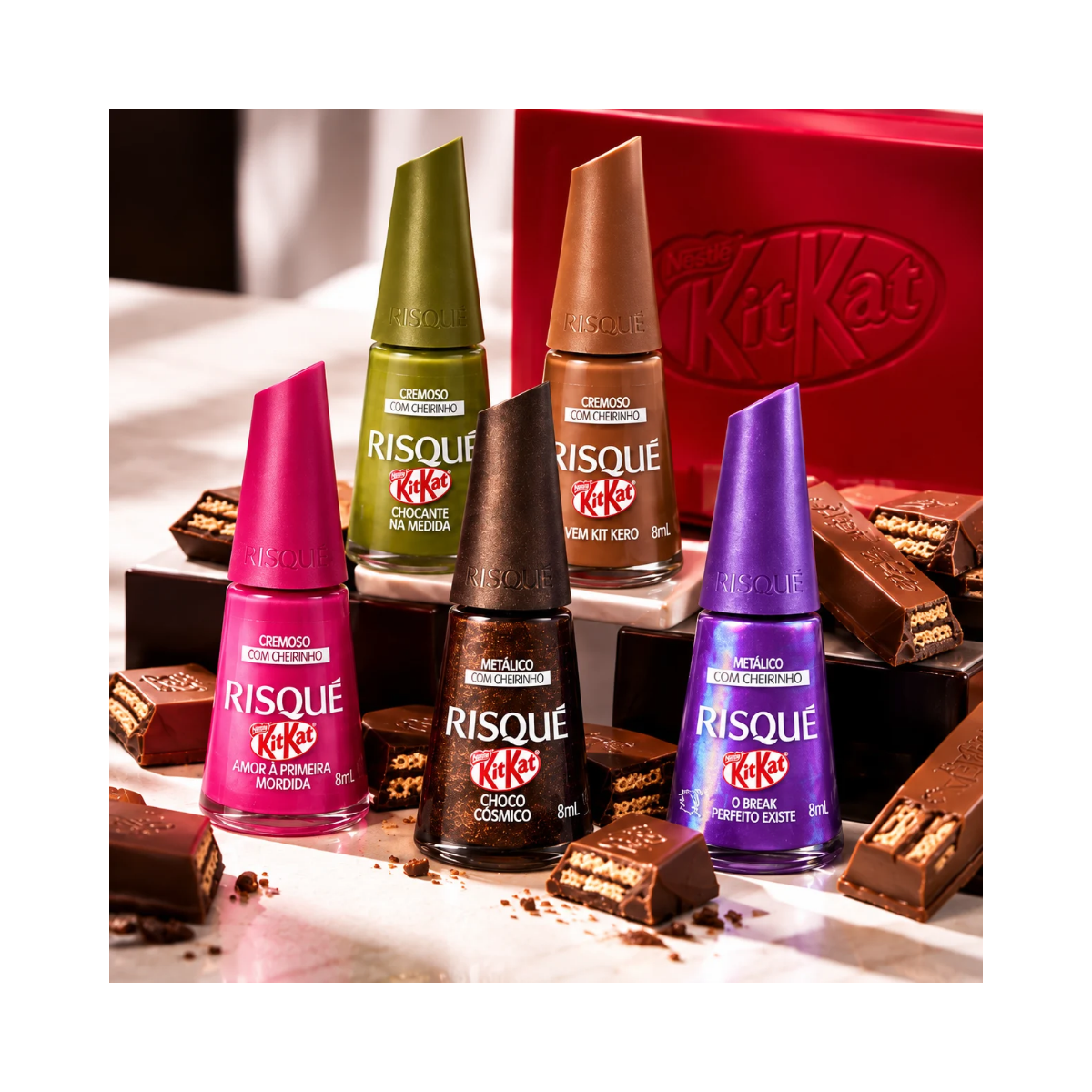 RISQUE & KITKAT KIT COM 6 ESMALTES 8ML CADA EDIÇÃO ESPECIAL CHOCOLATE