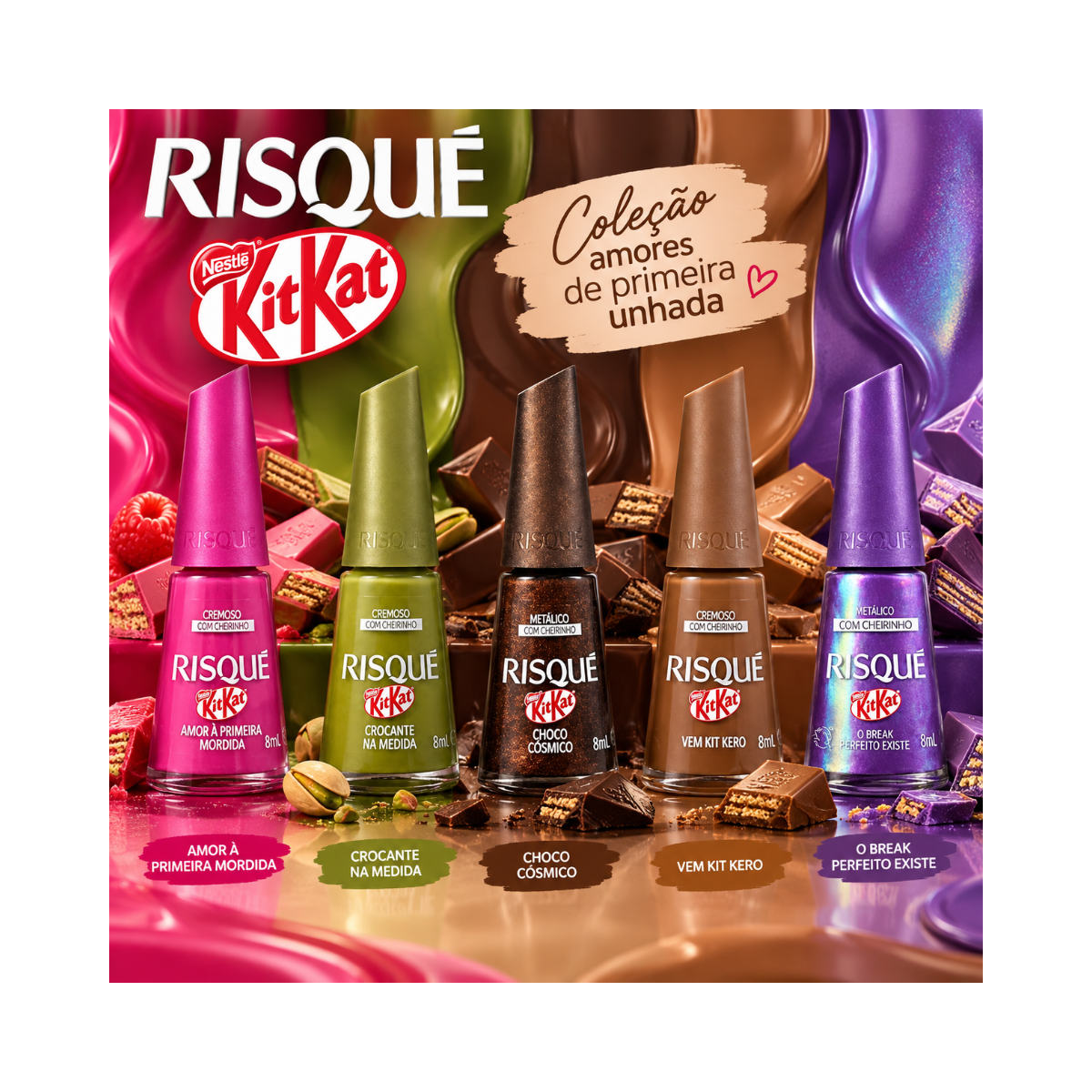 RISQUE & KITKAT KIT COM 6 ESMALTES 8ML CADA EDIÇÃO ESPECIAL CHOCOLATE