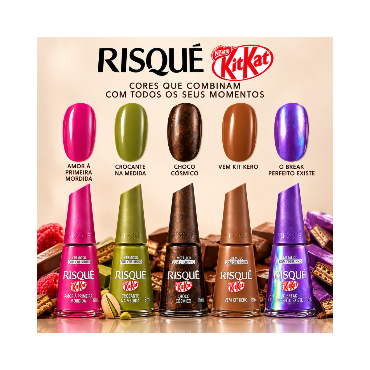 RISQUE & KITKAT KIT COM 6 ESMALTES 8ML CADA EDIÇÃO ESPECIAL CHOCOLATE