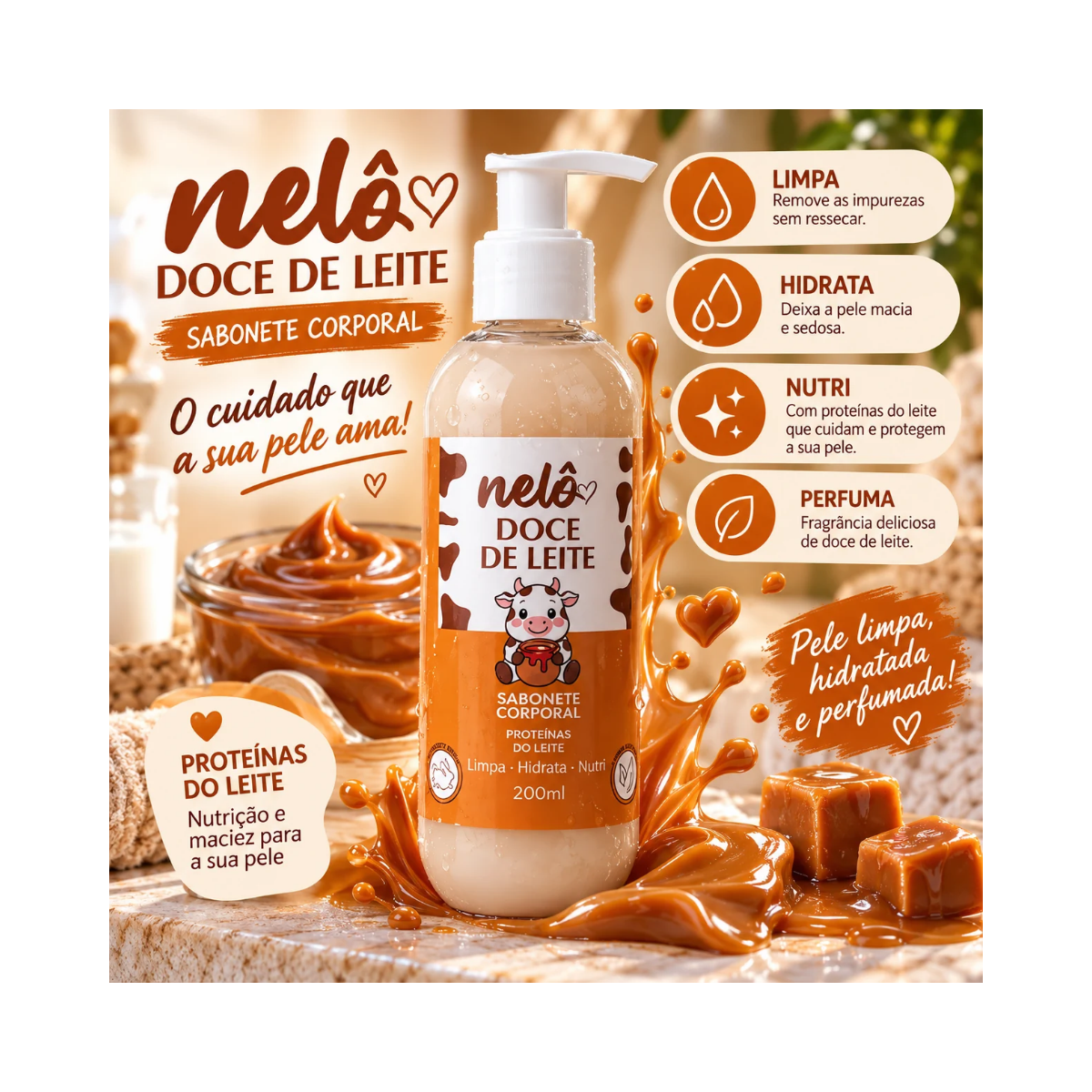 SABONETE LÍQUIDO CORPORAL DOCE DE LEITE NELÔ 200ML